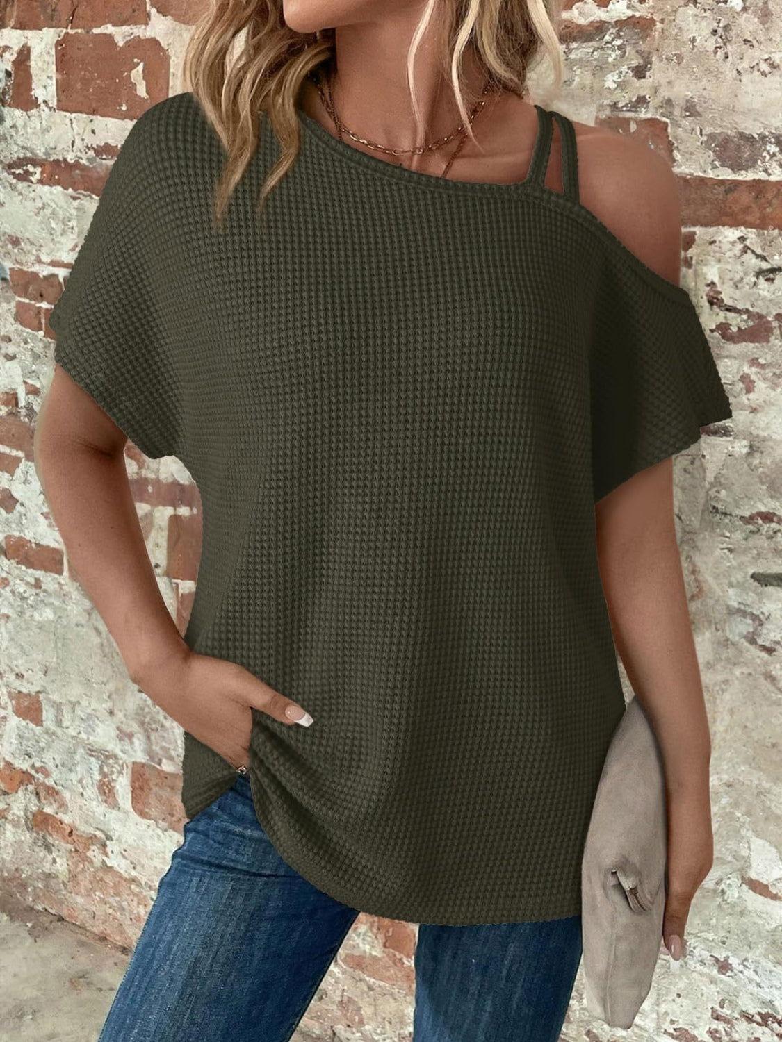 Asymmetrical Neck Short Sleeve T-Shirt - Clothes For Her Online Store