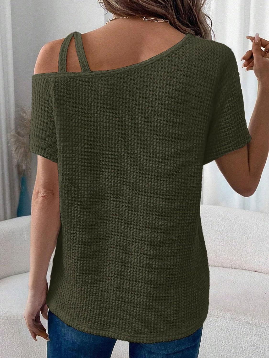 Asymmetrical Neck Short Sleeve T-Shirt - Clothes For Her Online Store