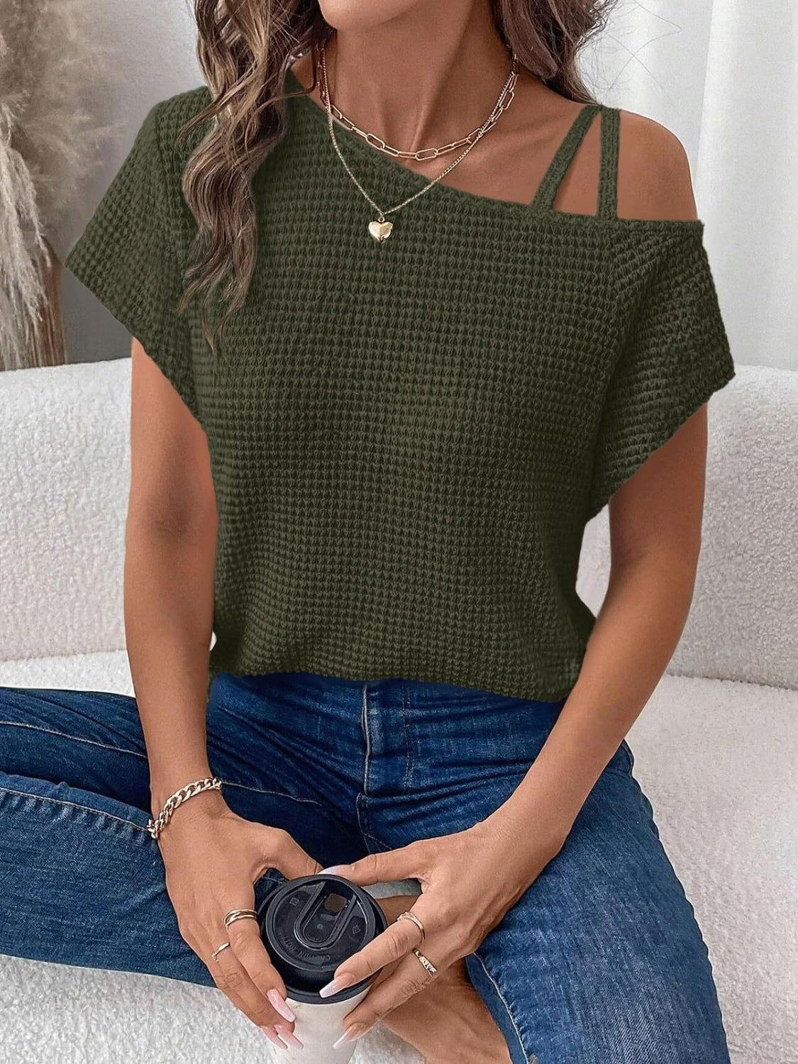 Asymmetrical Neck Short Sleeve T-Shirt - Clothes For Her Online Store
