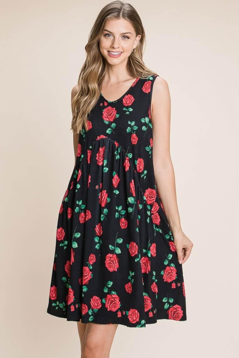 BOMBOM Floral Ruched Tank Dress - Clothes For Her Online Store