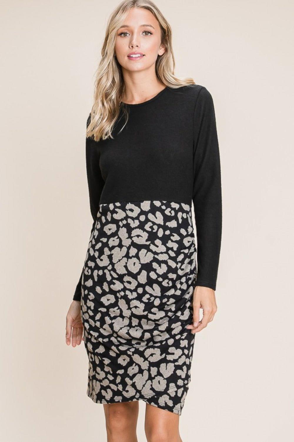 BOMBOM Leopard Color Block Knit Dress - Clothes For Her Online Store