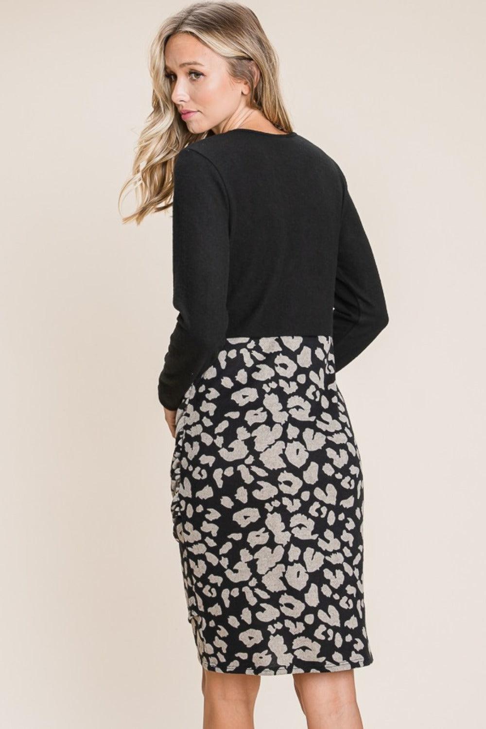 BOMBOM Leopard Color Block Knit Dress - Clothes For Her Online Store