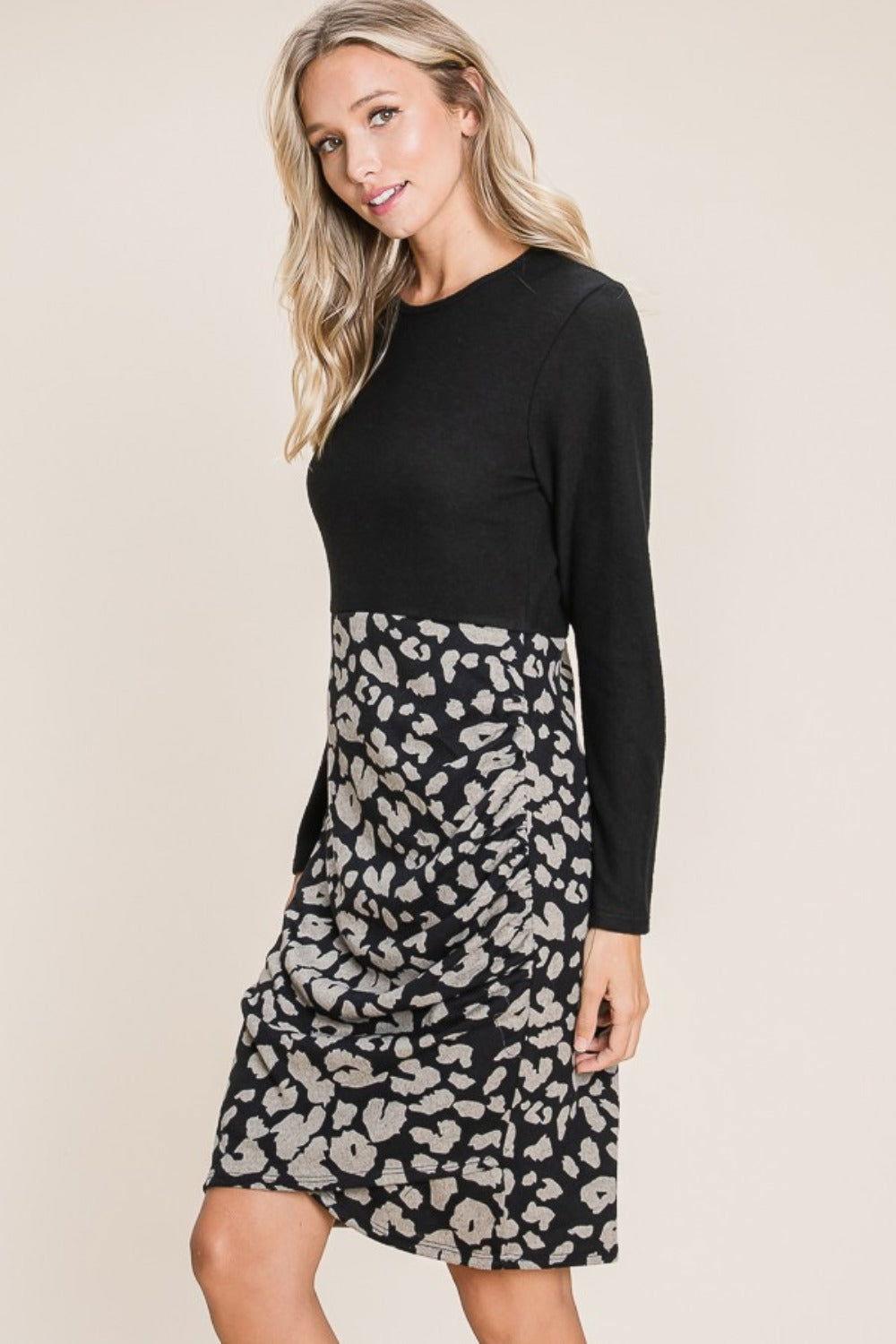 BOMBOM Leopard Color Block Knit Dress - Clothes For Her Online Store