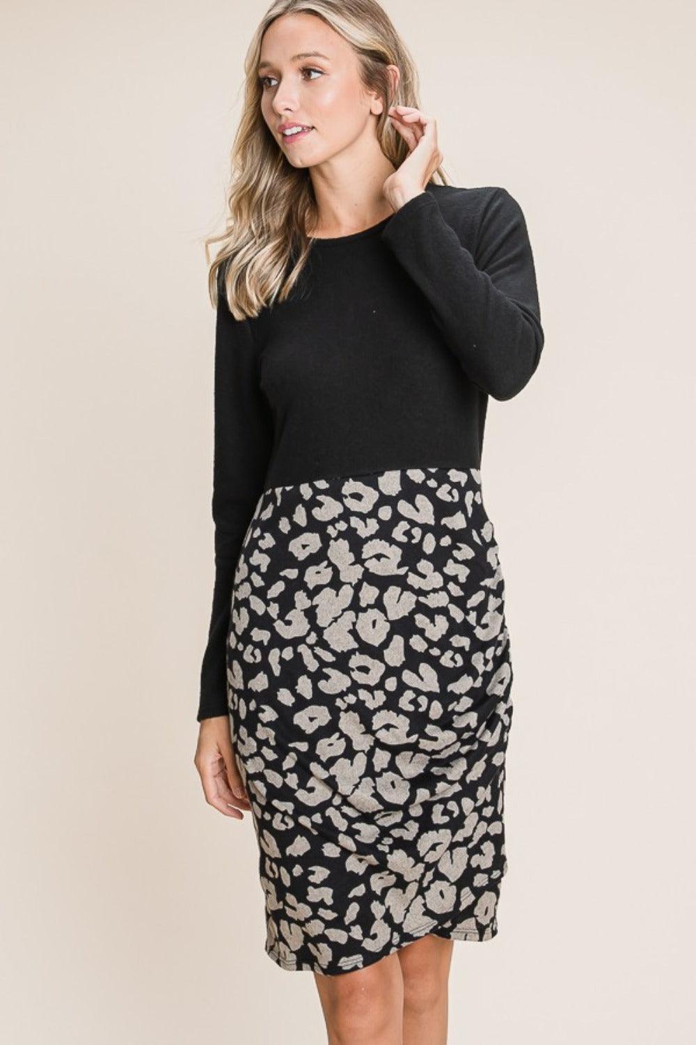 BOMBOM Leopard Color Block Knit Dress - Clothes For Her Online Store