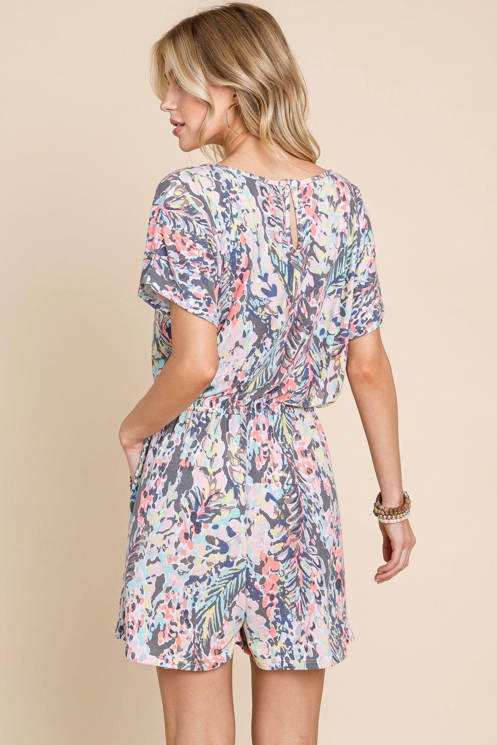 BOMBOM Printed Short Sleeve Drawstring Romper - Clothes For Her Online Store