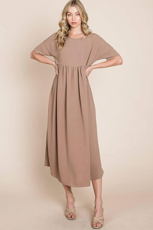 BOMBOM Round Neck Ruched Midi Dress - Clothes For Her Online Store