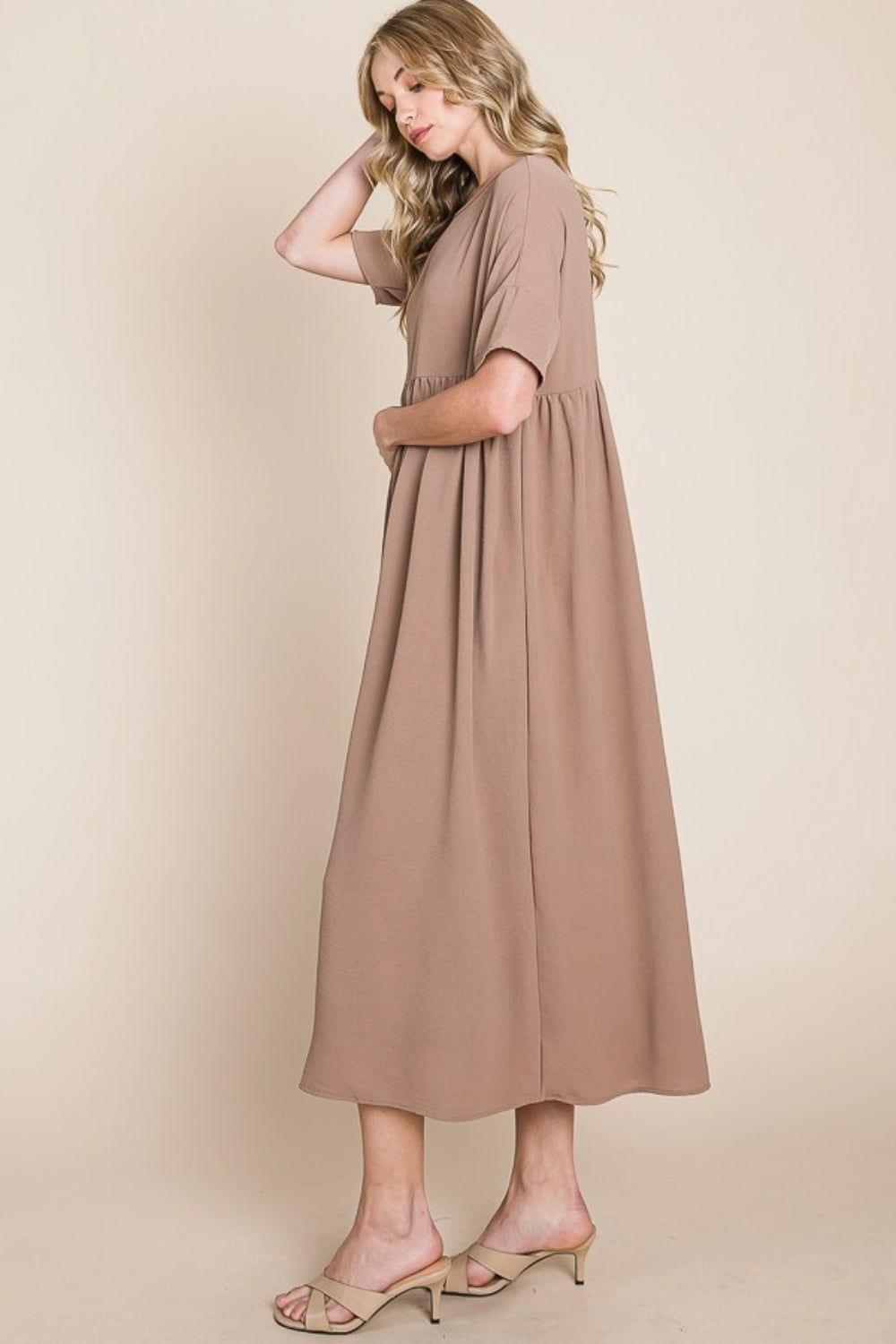 BOMBOM Round Neck Ruched Midi Dress - Clothes For Her Online Store
