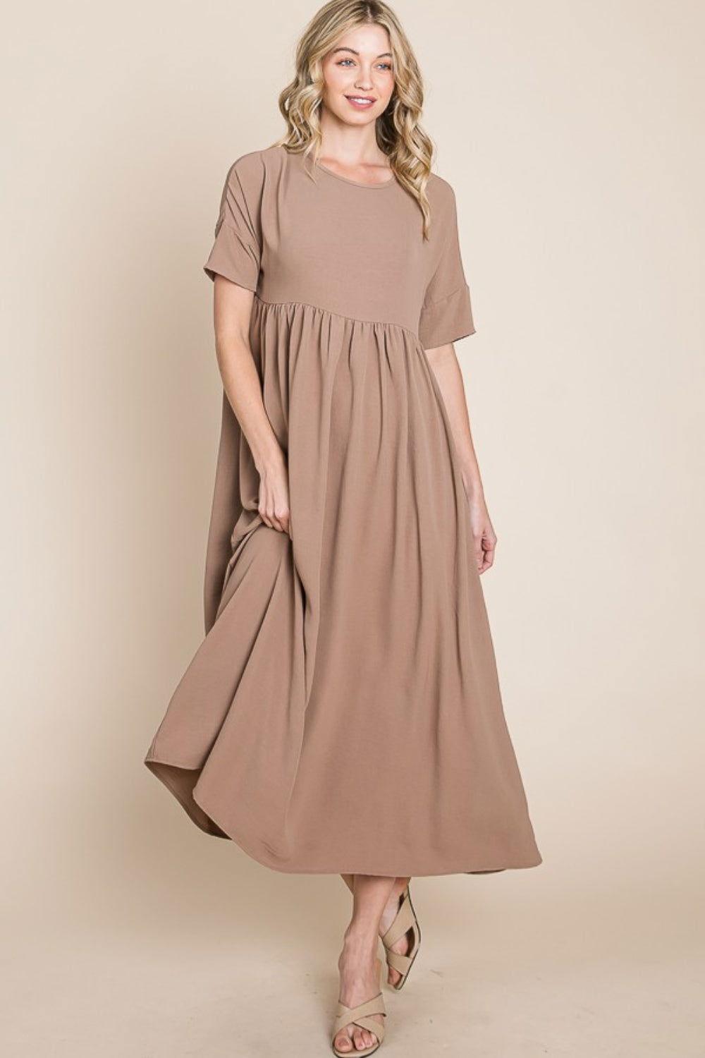 BOMBOM Round Neck Ruched Midi Dress - Clothes For Her Online Store