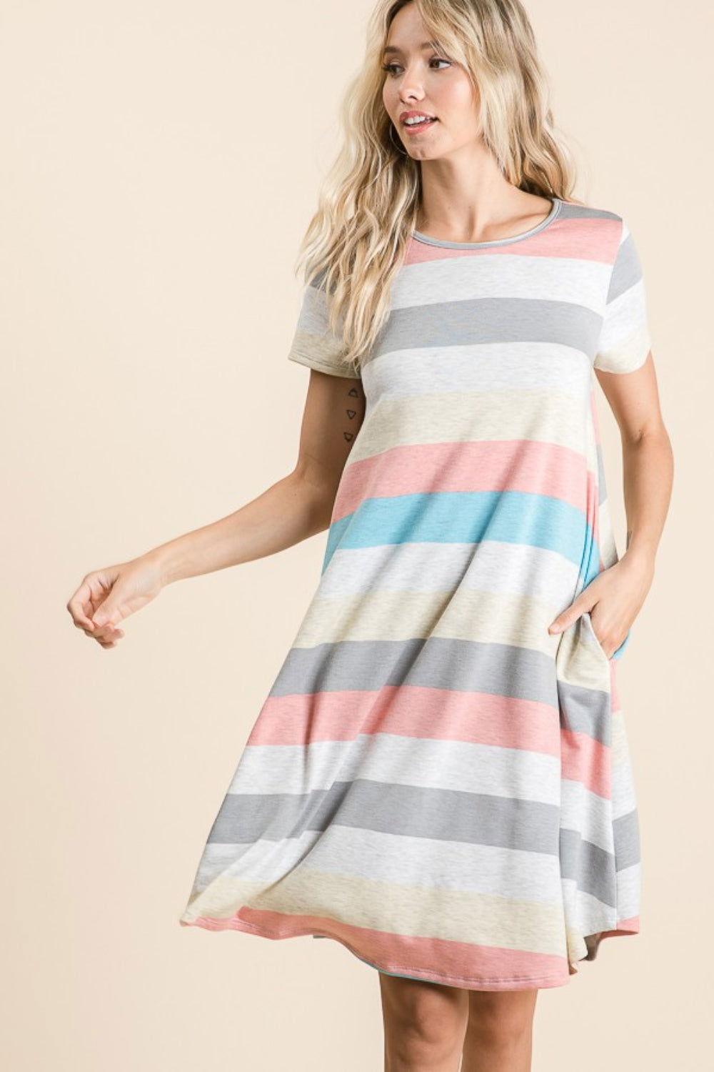 BOMBOM Striped Short Sleeve Dress with Pockets - Clothes For Her Online Store