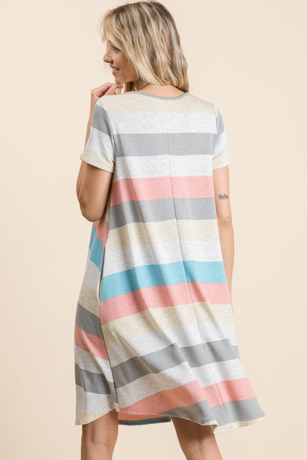 BOMBOM Striped Short Sleeve Dress with Pockets - Clothes For Her Online Store