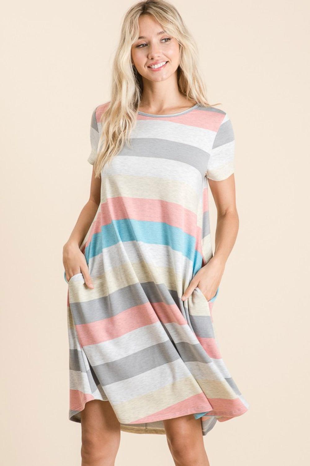 BOMBOM Striped Short Sleeve Dress with Pockets - Clothes For Her Online Store