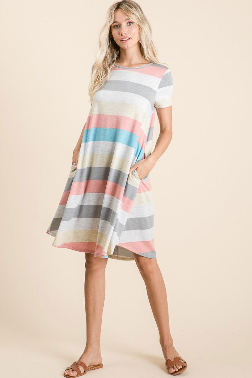 BOMBOM Striped Short Sleeve Dress with Pockets - Clothes For Her Online Store