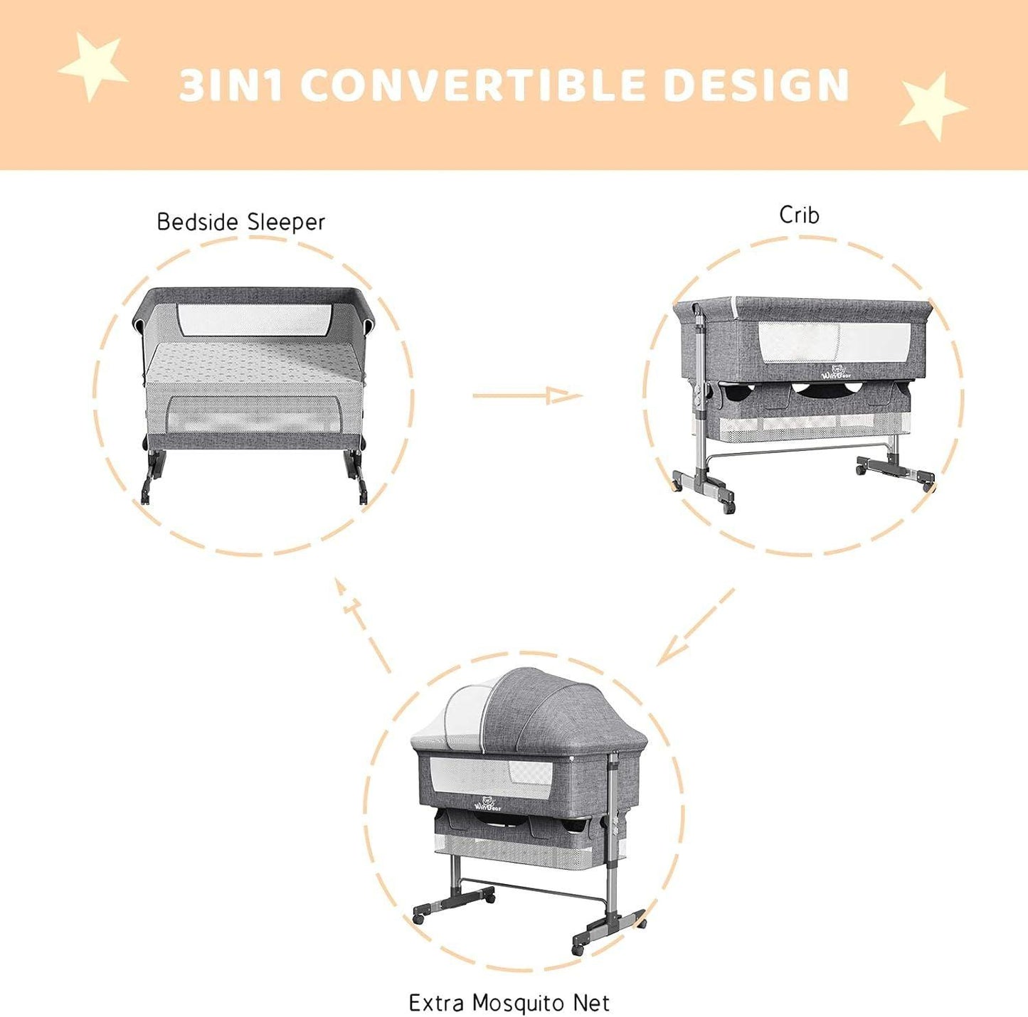 Baby Bassinet Bedside Sleeper 3 in 1 Bedside Crib, Adjustable Portable Bed for Infant/Baby/Newborn,with Mosquito Nets, Large Storage Bag, Comfortable Mattresses, Lockable Wheels - Clothes For Her Online Store