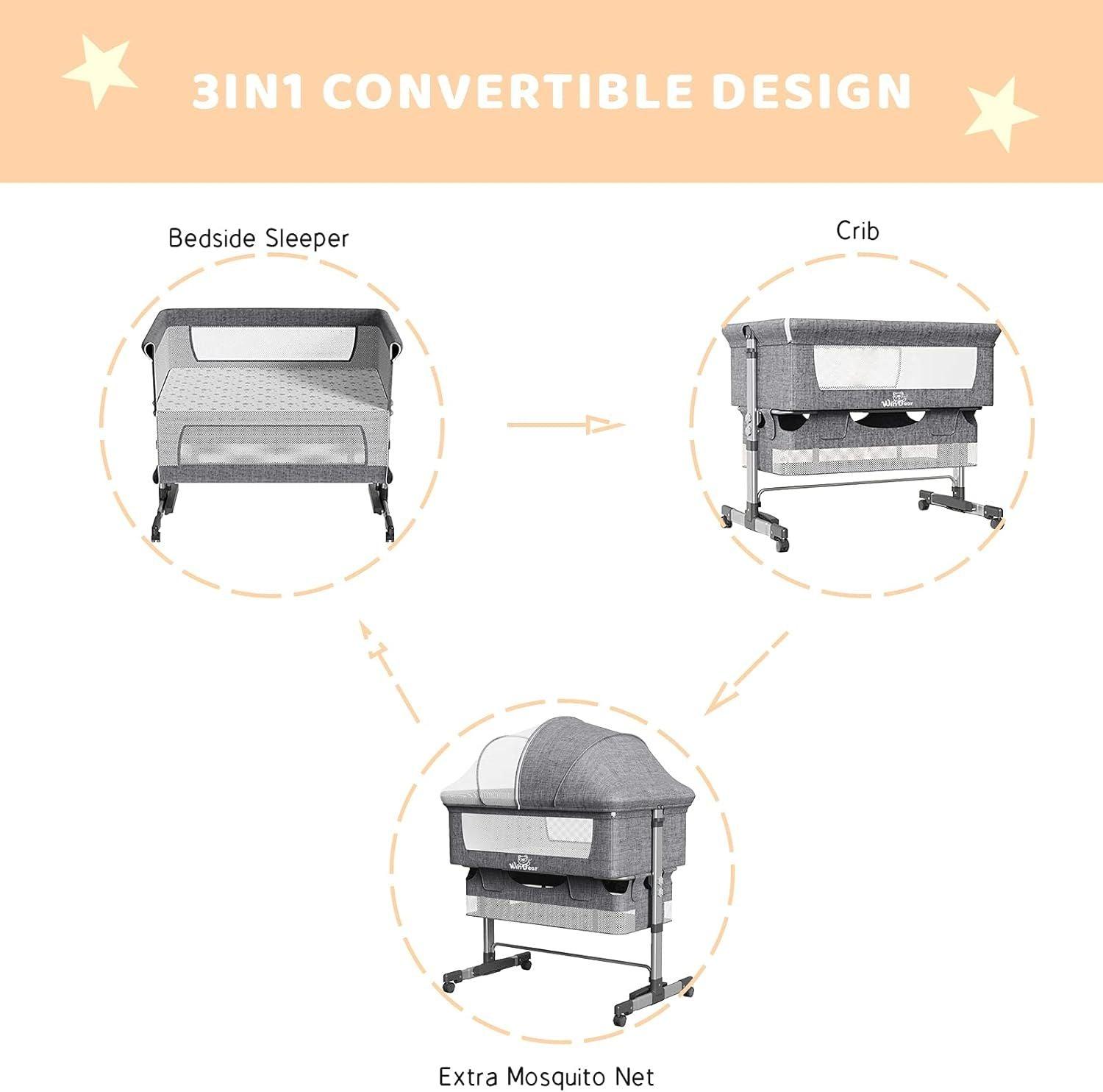 Baby Bassinet Bedside Sleeper 3 in 1 Bedside Crib, Adjustable Portable Bed for Infant/Baby/Newborn,with Mosquito Nets, Large Storage Bag, Comfortable Mattresses, Lockable Wheels - Clothes For Her Online Store