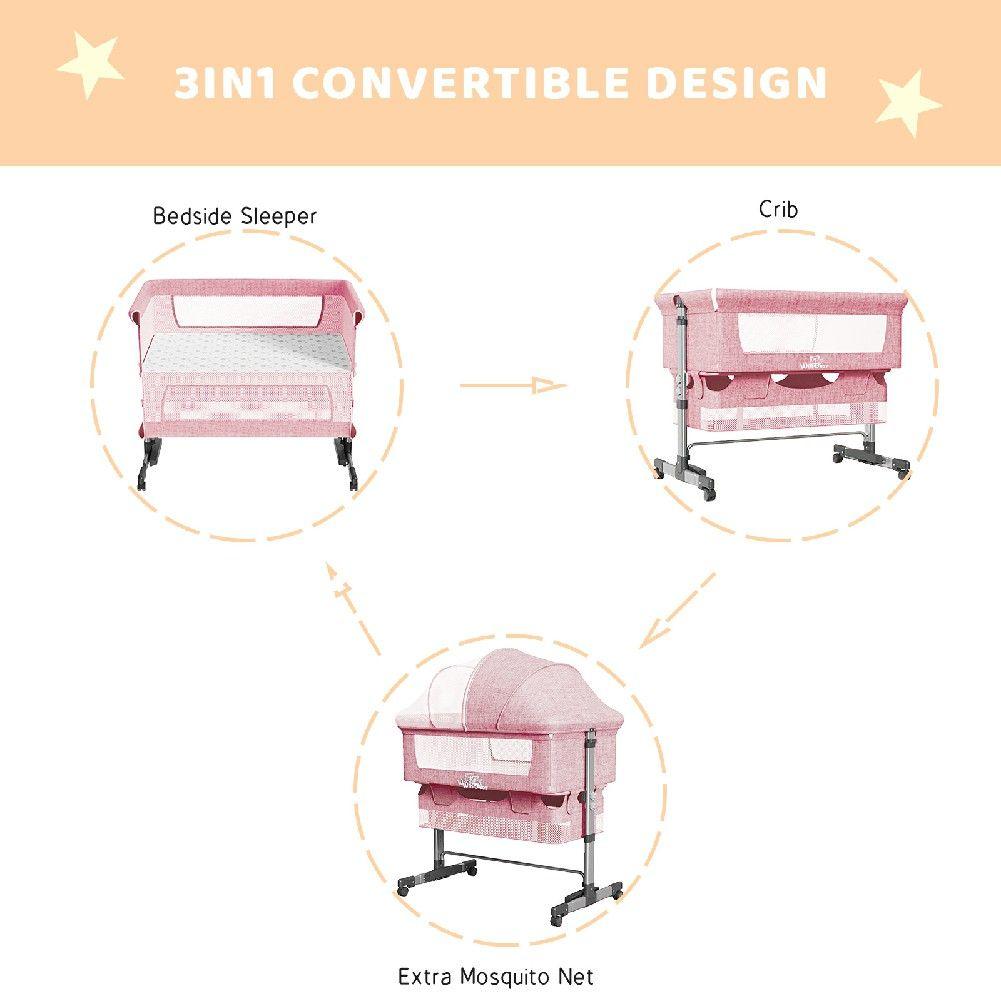 Baby Bassinet, Bedside Sleeper,Foldable Baby Bed to Bed, Adjustable Portable Bed for Infant/Baby/Newborn,with Mosquito Nets, Large Storage Bag, Comfortable Mattresses, Lockable Wheels - Clothes For Her Online Store