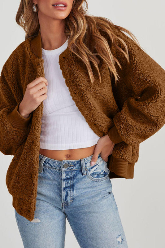 Baseball Collar Long Sleeve Sherpa Jacket - Clothes For Her Online Store