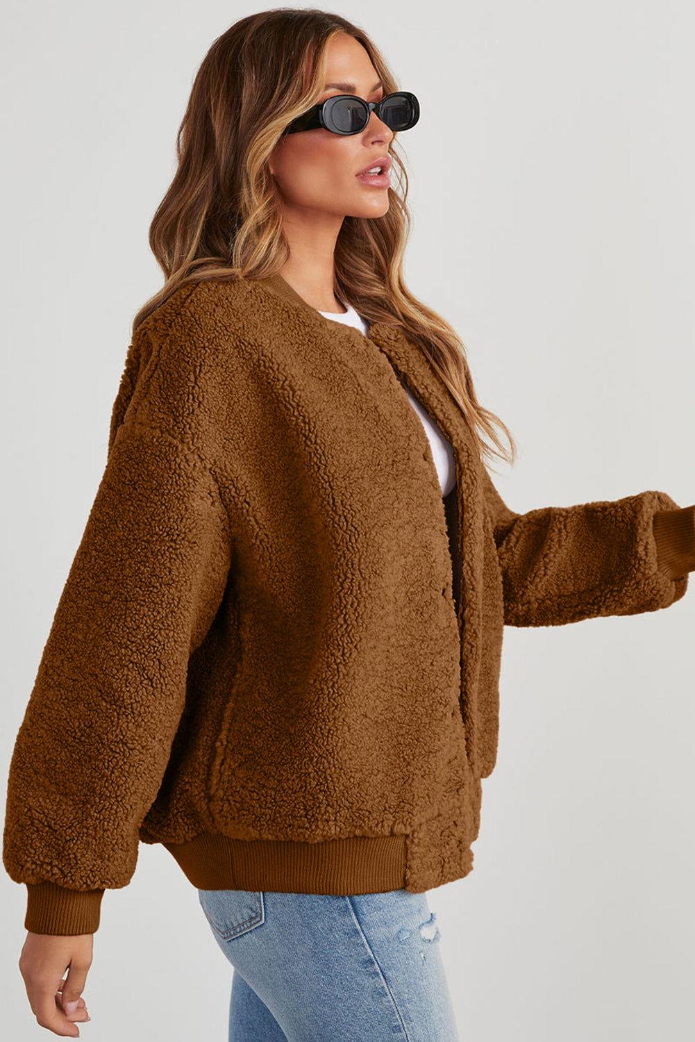 Baseball Collar Long Sleeve Sherpa Jacket - Clothes For Her Online Store