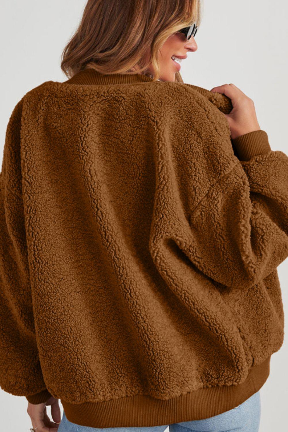 Baseball Collar Long Sleeve Sherpa Jacket - Clothes For Her Online Store