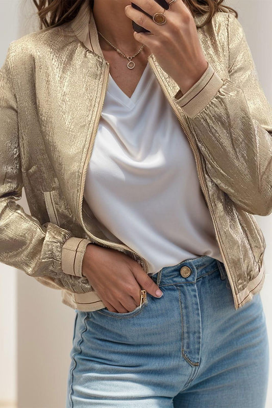 Baseball Collar Zip Up Long Sleeve Jacket - Clothes For Her Online Store