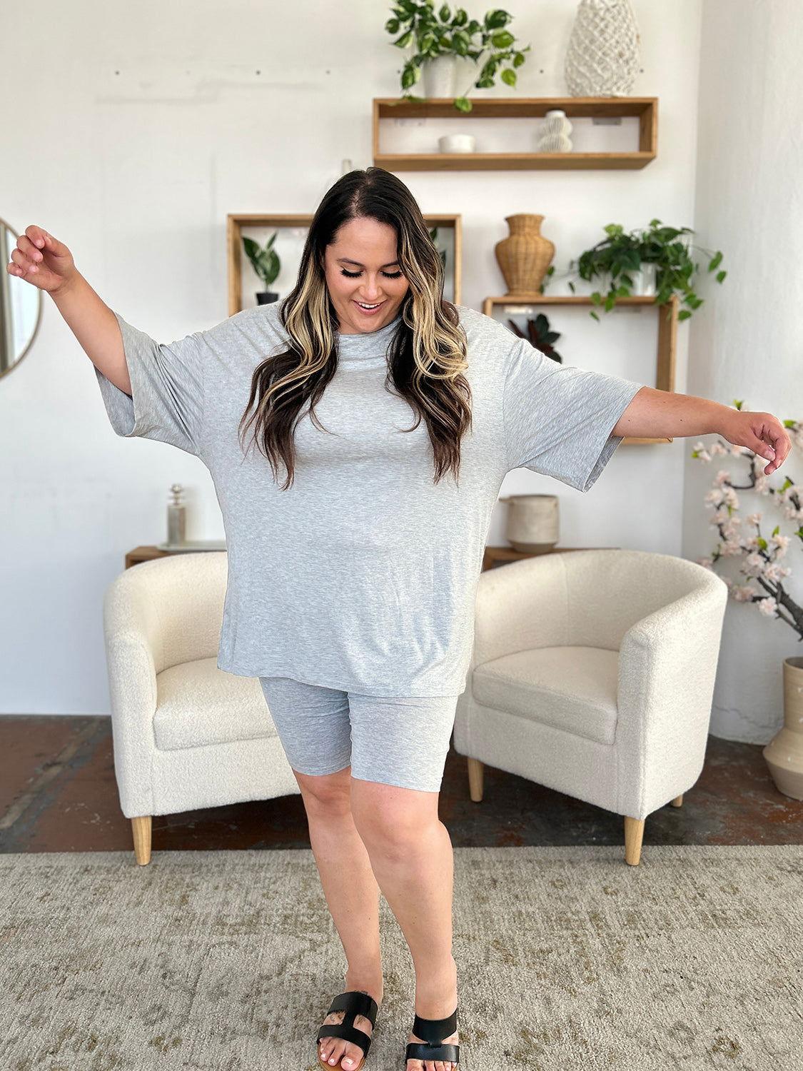 Basic Bae Bamboo Full Size Round Neck Drop Shoulder T-Shirt and Shorts Set - Clothes For Her Online Store