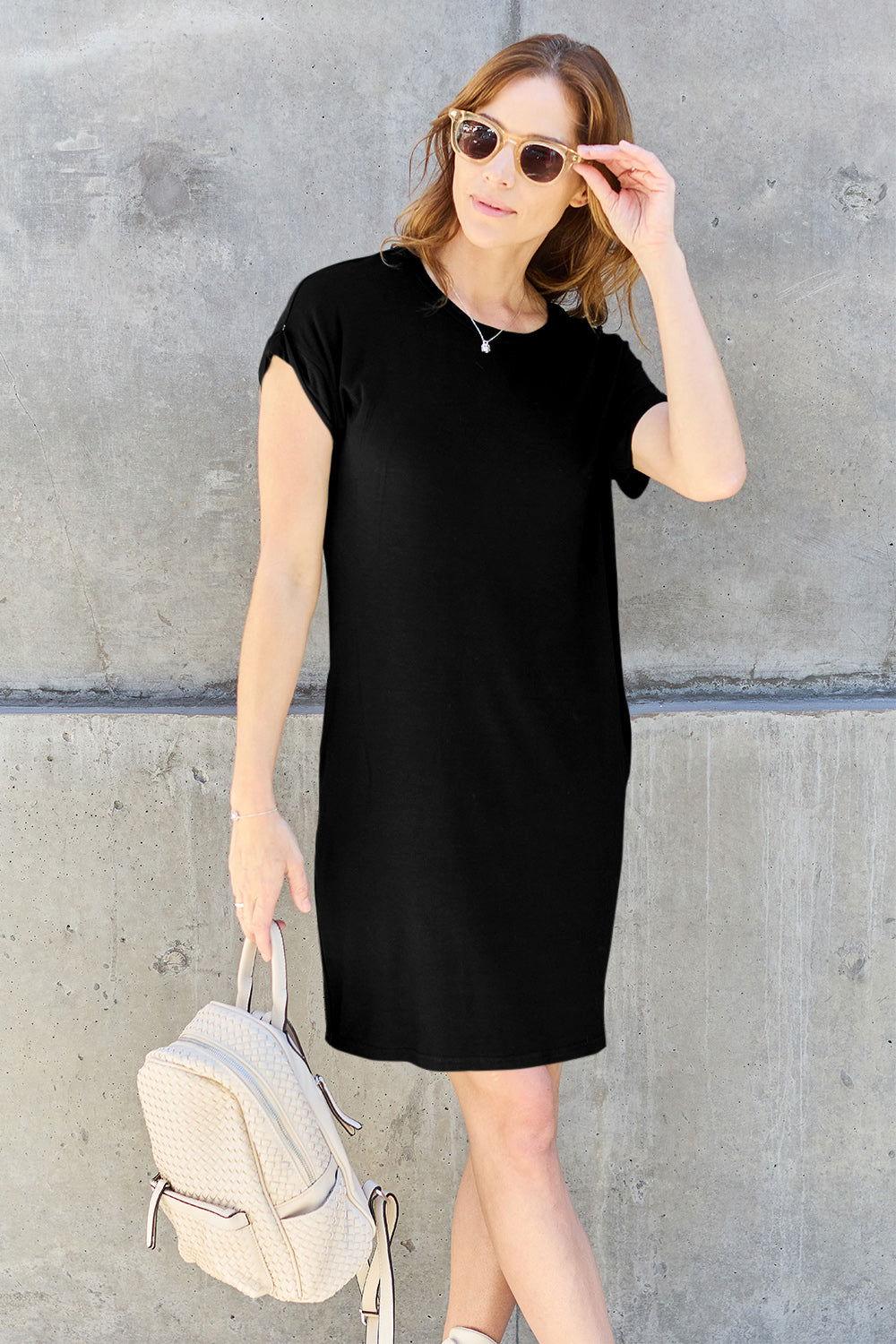 Basic Bae Bamboo Full Size Round Neck Short Sleeve Dress with Pockets - Clothes For Her Online Store