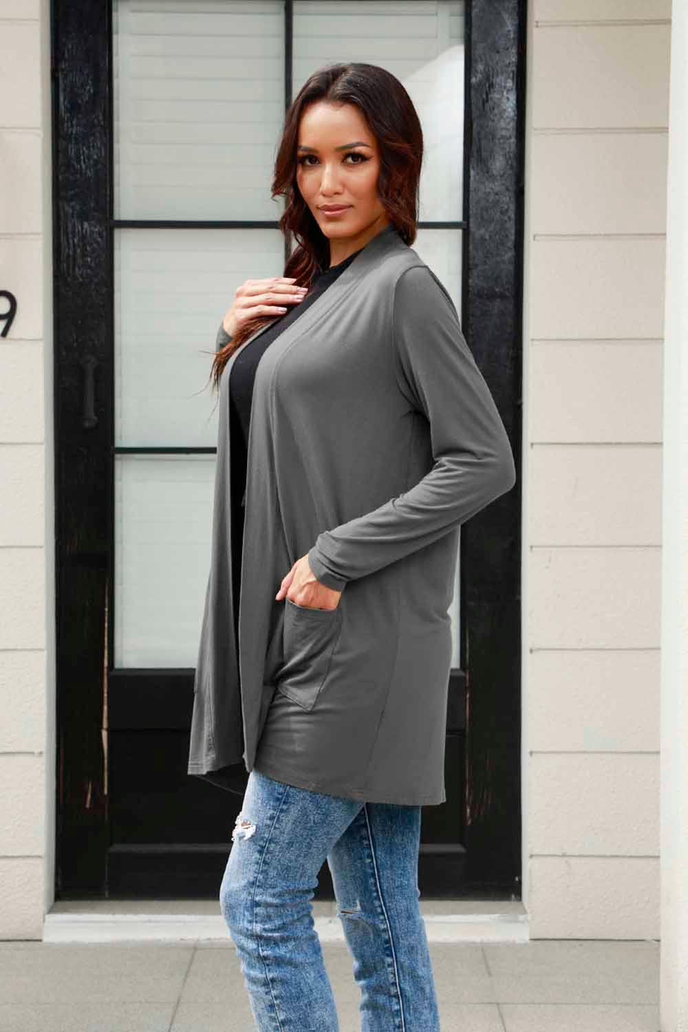 Basic Bae Full Size Open Front Long Sleeve Cardigan with Pockets - Clothes For Her Online Store