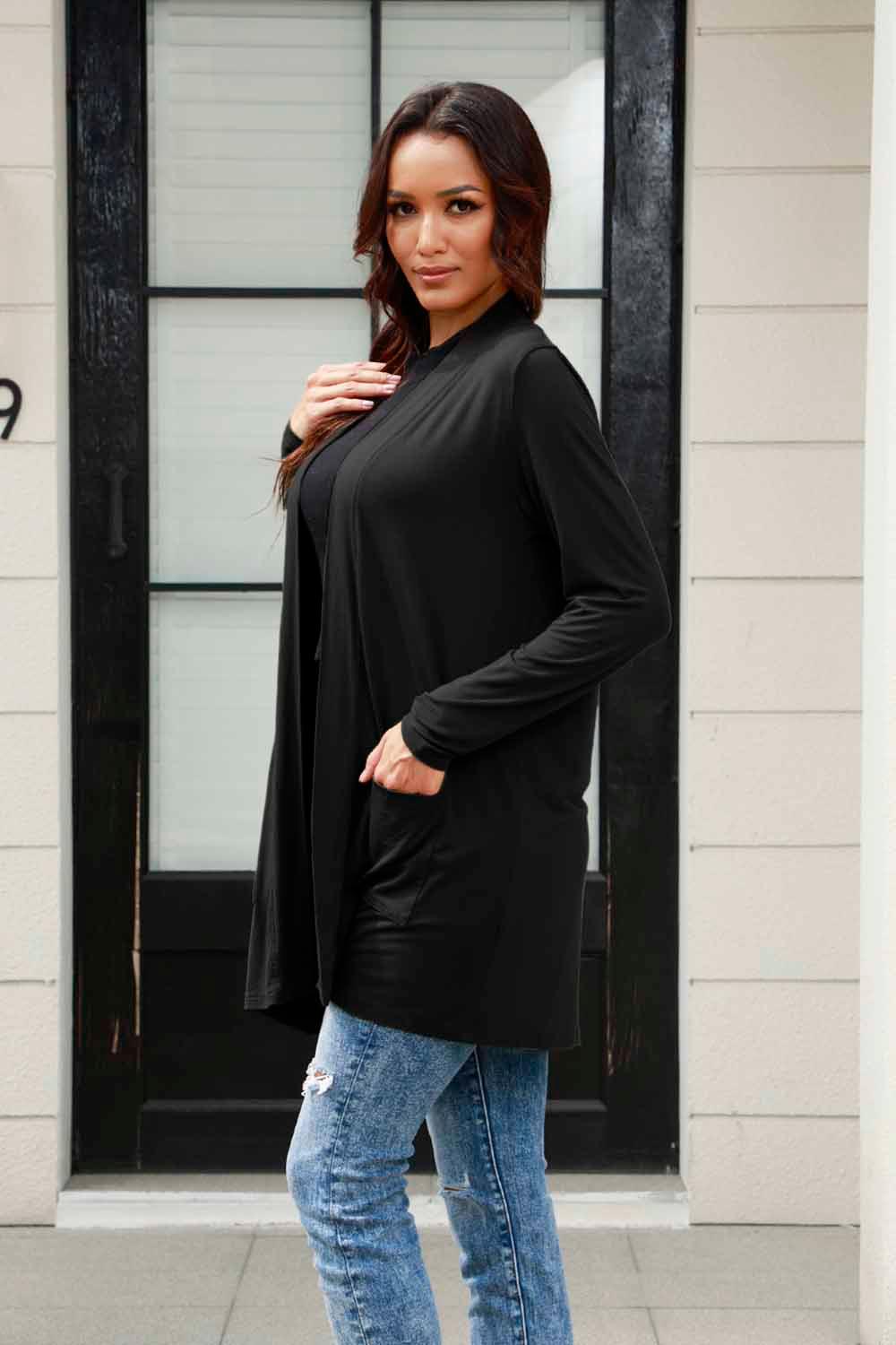 Basic Bae Full Size Open Front Long Sleeve Cardigan with Pockets - Clothes For Her Online Store