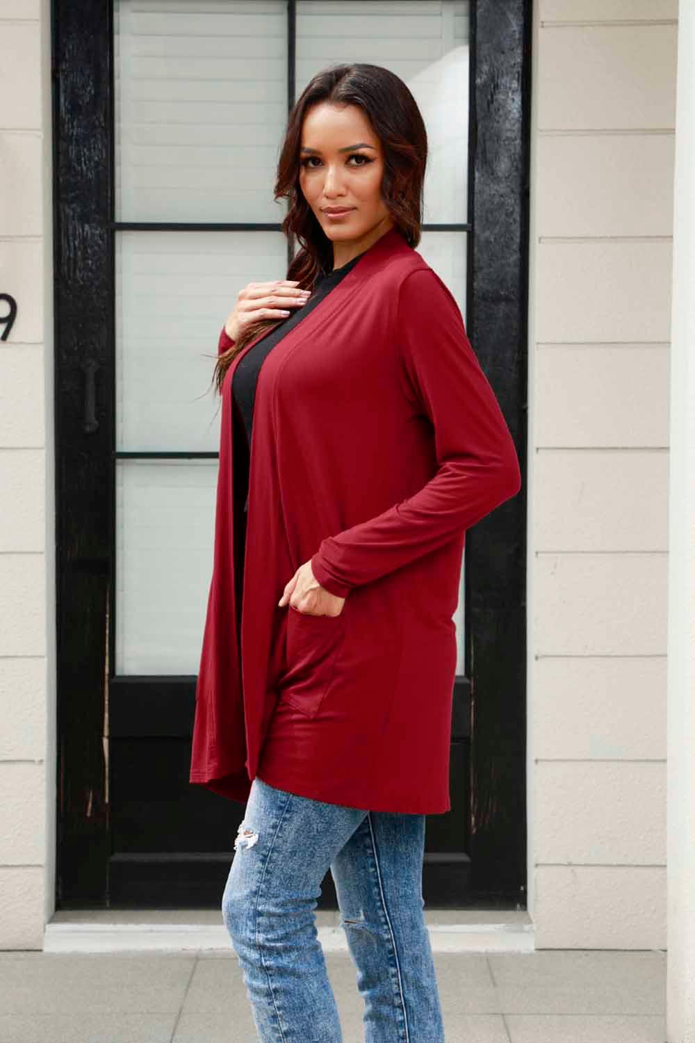 Basic Bae Full Size Open Front Long Sleeve Cardigan with Pockets - Clothes For Her Online Store