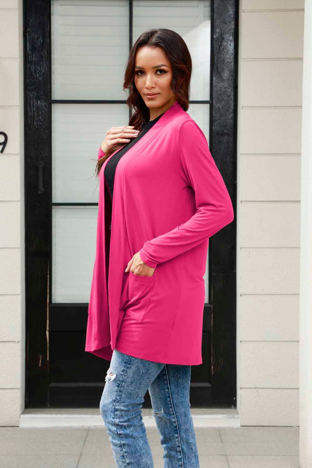 Basic Bae Full Size Open Front Long Sleeve Cardigan with Pockets - Clothes For Her Online Store
