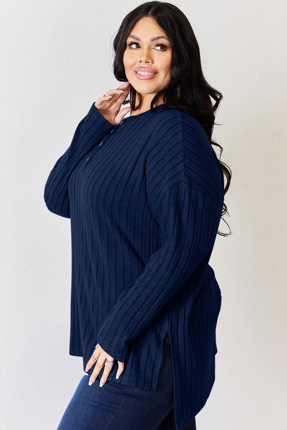 Basic Bae Full Size Ribbed Half Button Long Sleeve High-Low T-Shirt - Clothes For Her Online Store