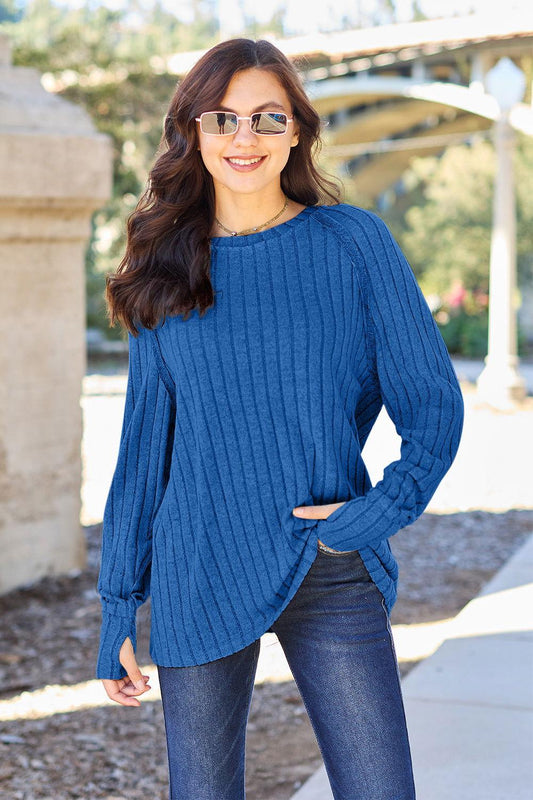 Basic Bae Full Size Ribbed Round Neck Long Sleeve Knit Top - Clothes For Her Online Store