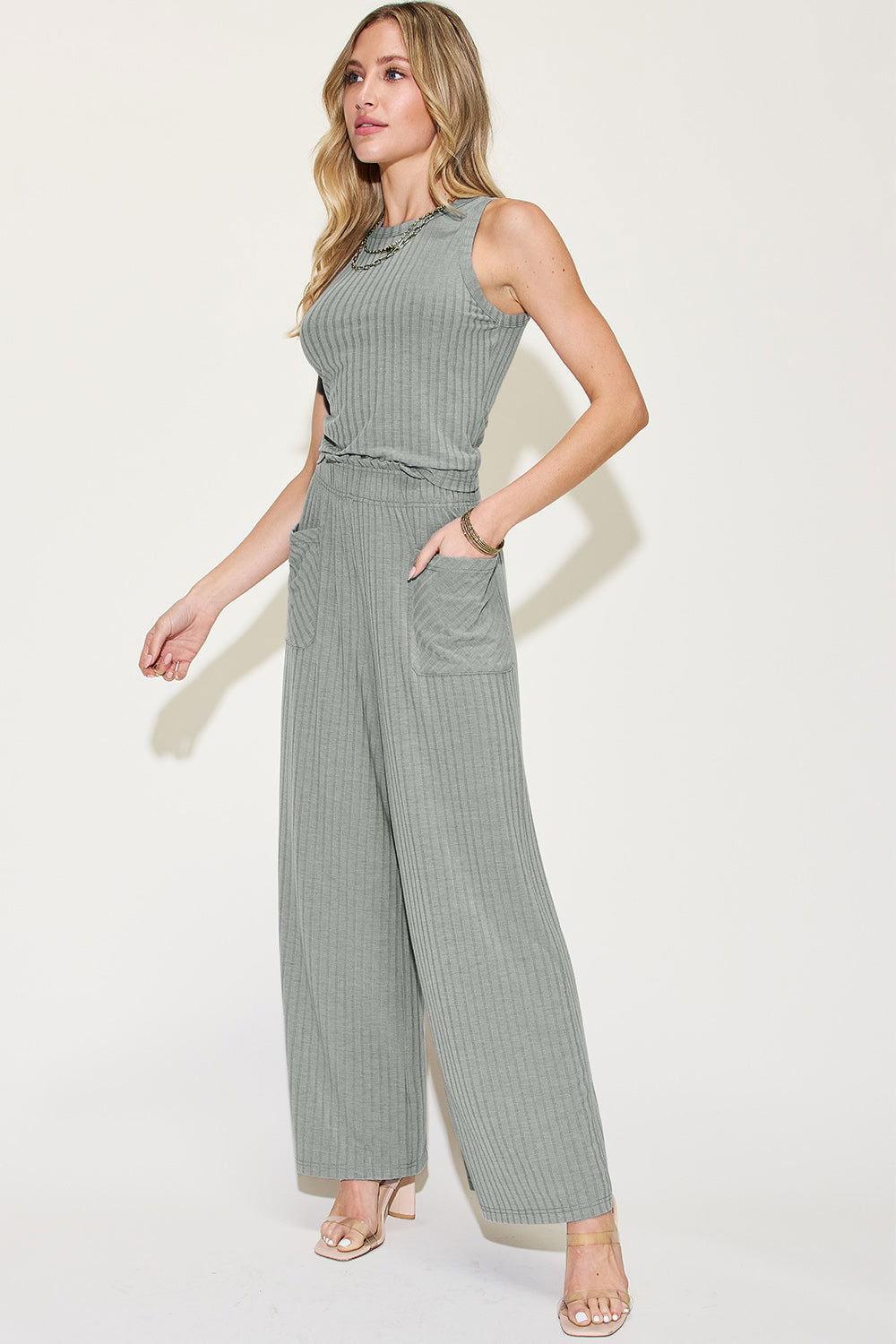 Basic Bae Full Size Ribbed Tank and Wide Leg Pants Set - Clothes For Her Online Store