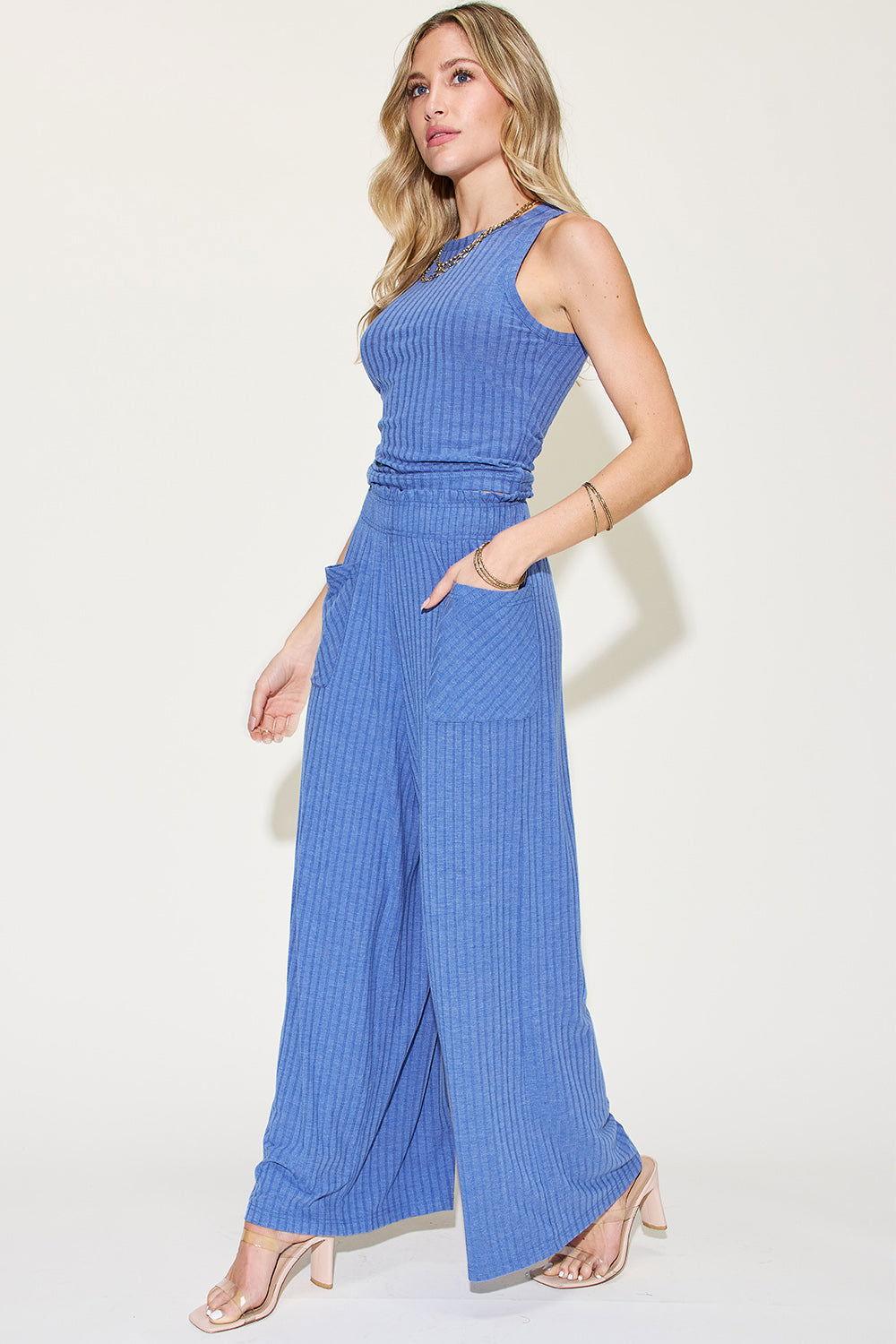 Basic Bae Full Size Ribbed Tank and Wide Leg Pants Set - Clothes For Her Online Store