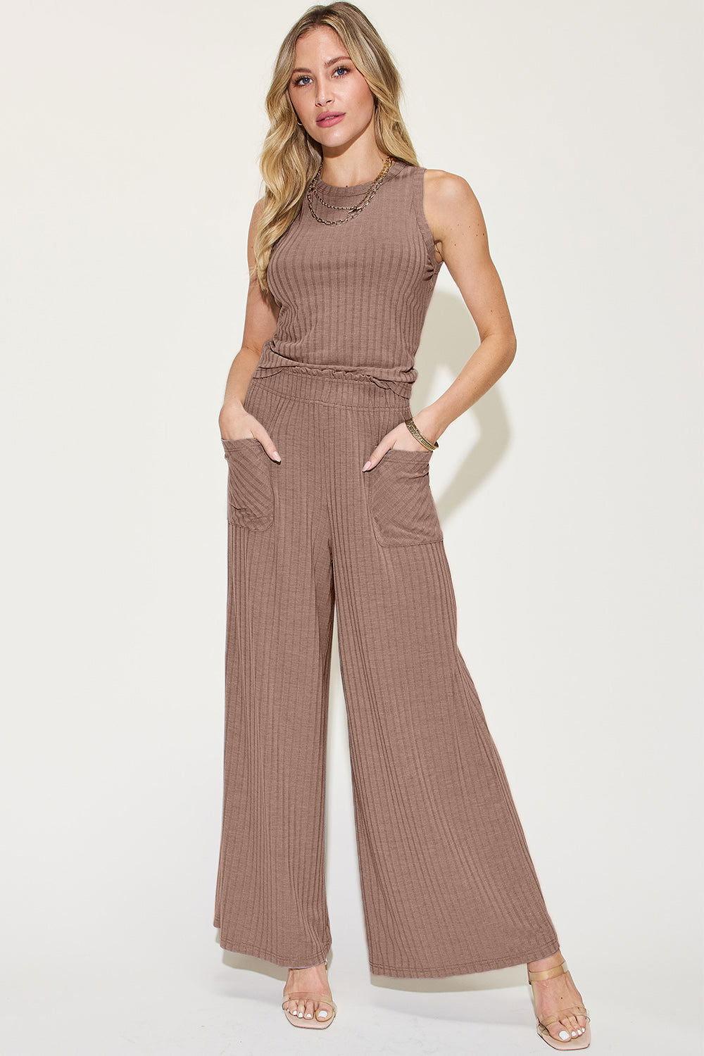 Basic Bae Full Size Ribbed Tank and Wide Leg Pants Set - Clothes For Her Online Store