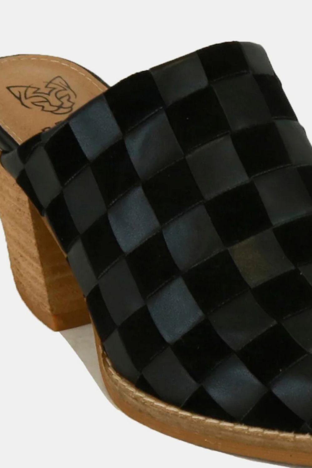 Beast Fashion Woven Checkerboard Block Heel Mule Shoes - Clothes For Her Online Store