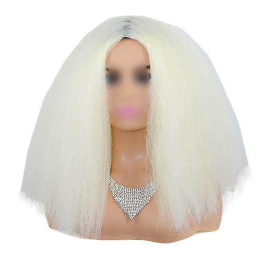 Beige White Afro Straight Bob Wigs Fluffy Synthetic Hair Yaki Straight Curly Medium Part Bang Full Wigs, 14Inch - Clothes For Her Online Store