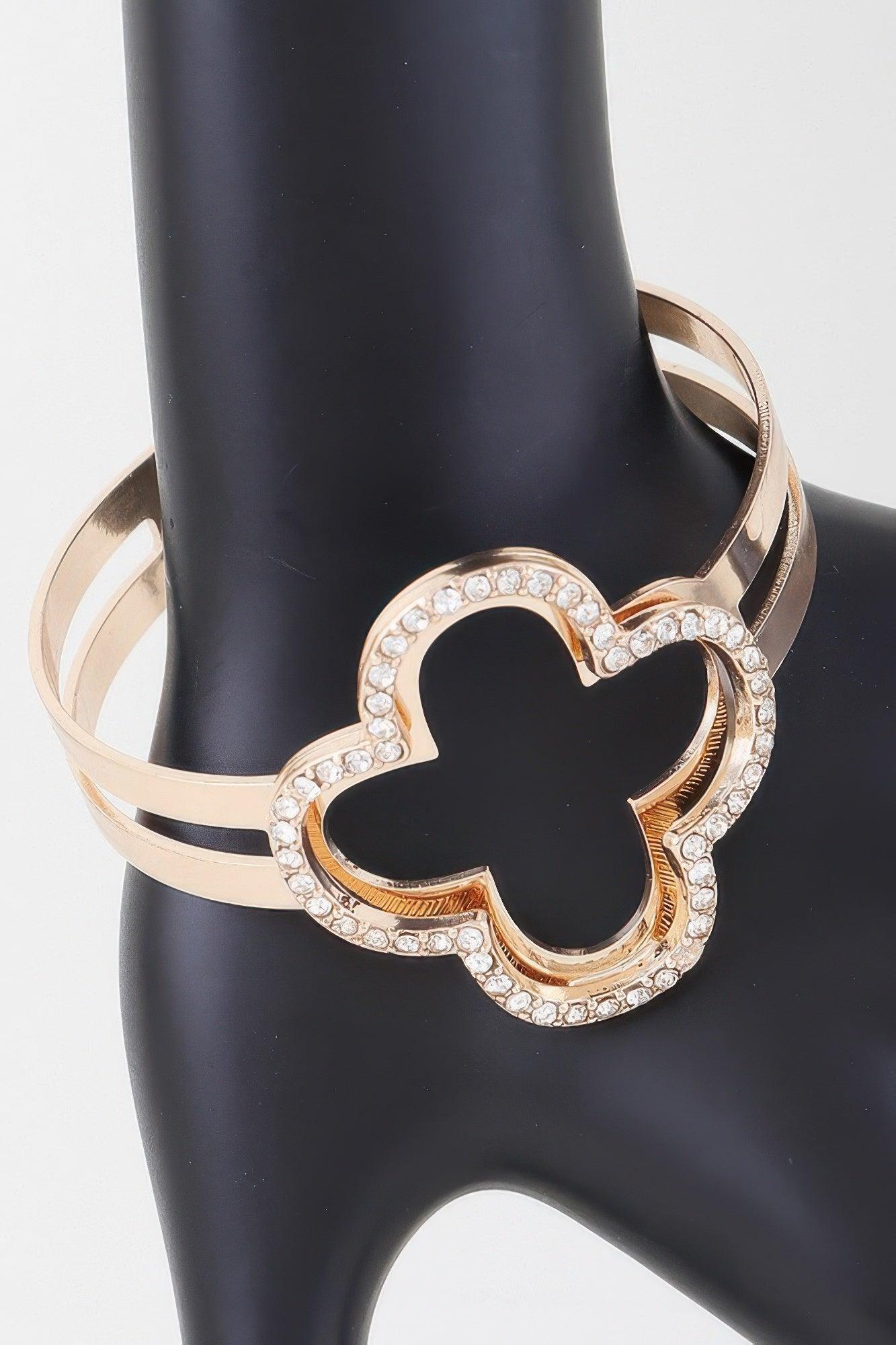 Bejeweled Clover Double Cuff Bracelet - Clothes For Her Online Store