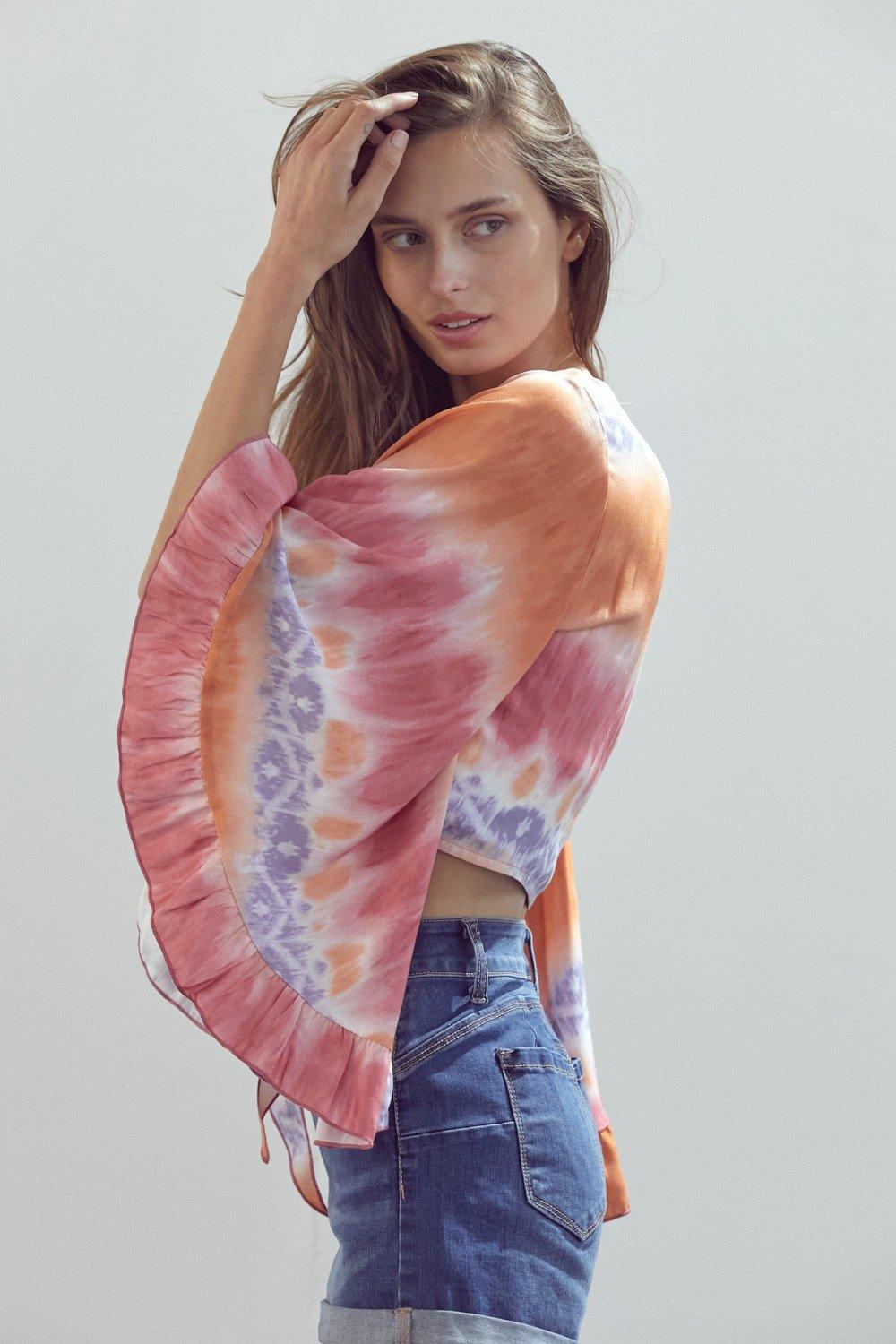 Bell-Sleeve Tie-Dye Crop Top with Flowy Sleeves - Clothes For Her Online Store