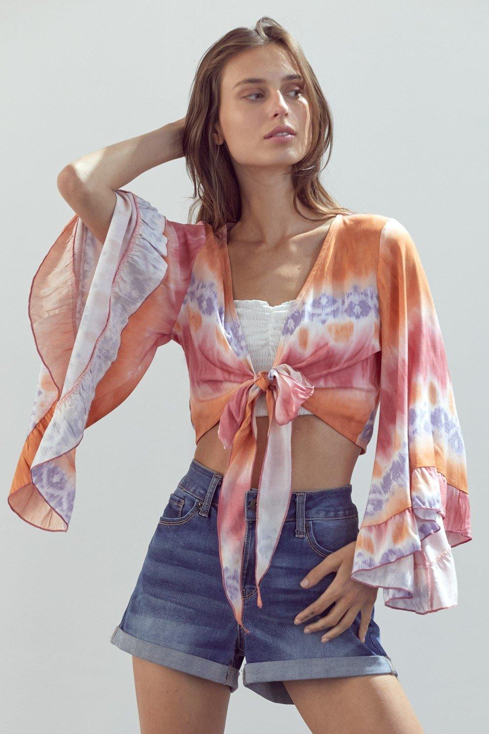 Bell-Sleeve Tie-Dye Crop Top with Flowy Sleeves - Clothes For Her Online Store