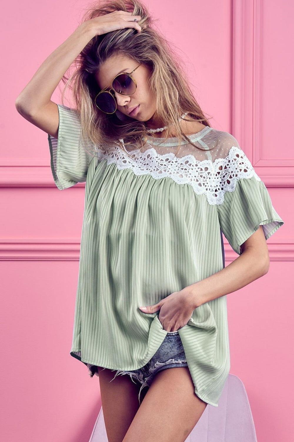 BiBi Lace Detail Short Sleeve Striped Blouse - Clothes For Her Online Store