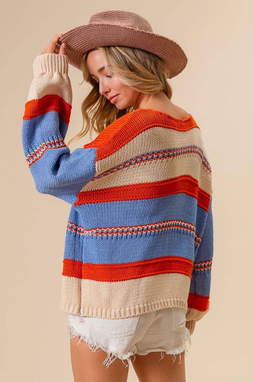 BiBi Multi Color Stripe Scoop Neck Sweater - Clothes For Her Online Store