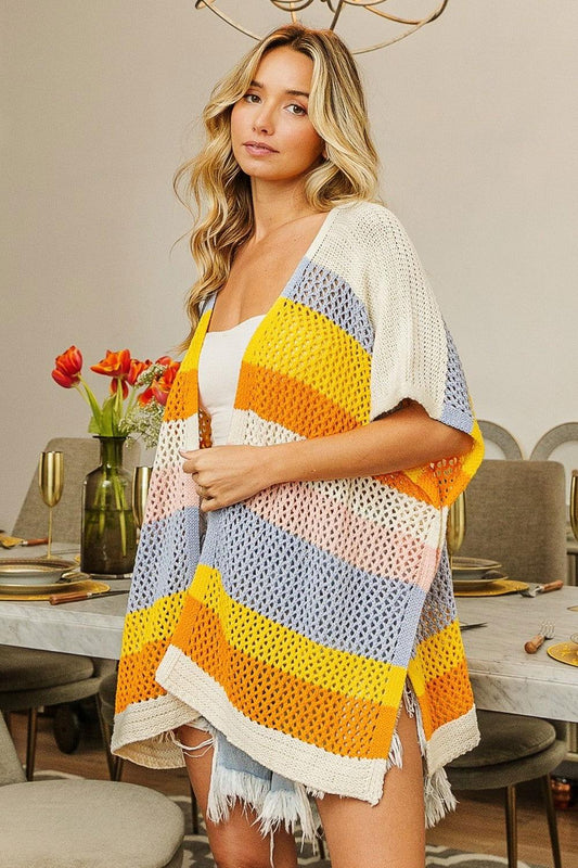BiBi Openwork Striped Open Front Knit Cardigan - Clothes For Her Online Store