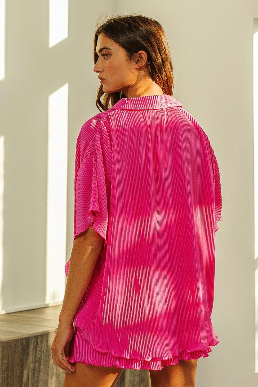 BiBi Pleated Short Sleeve Shirt and Shorts Set - Clothes For Her Online Store