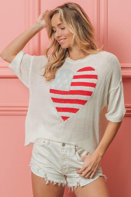BiBi Striped Heart Contrast Knit Top - Clothes For Her Online Store