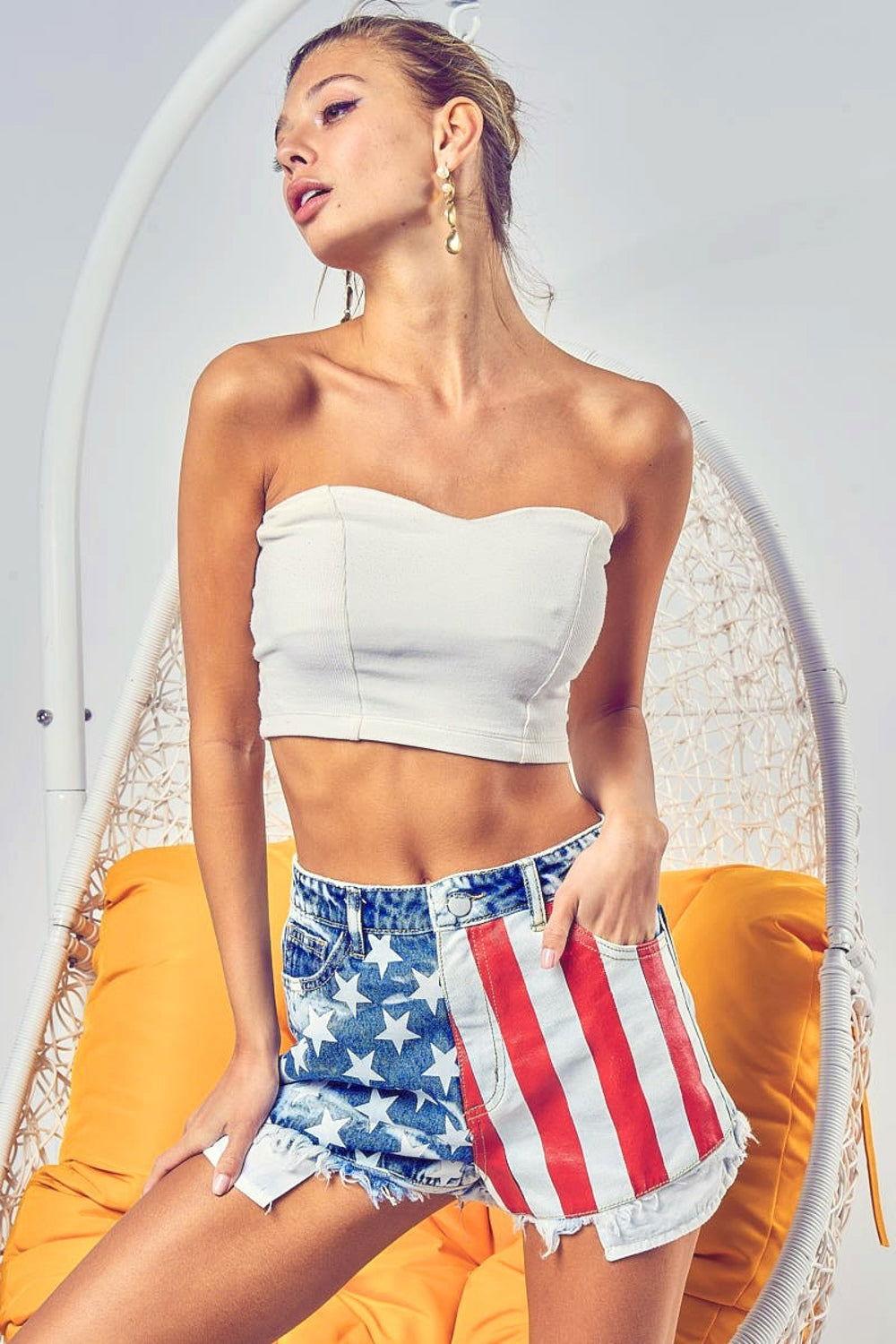 BiBi US Flag Theme Bleached Denim Shorts - Clothes For Her Online Store