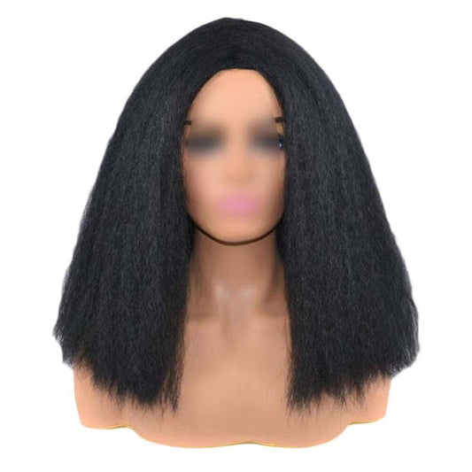 Black Afro Straight Bob Wigs Fluffy Synthetic Hair Yaki Straight Curly Medium Part Bang Full Wigs, 14Inch - Clothes For Her Online Store