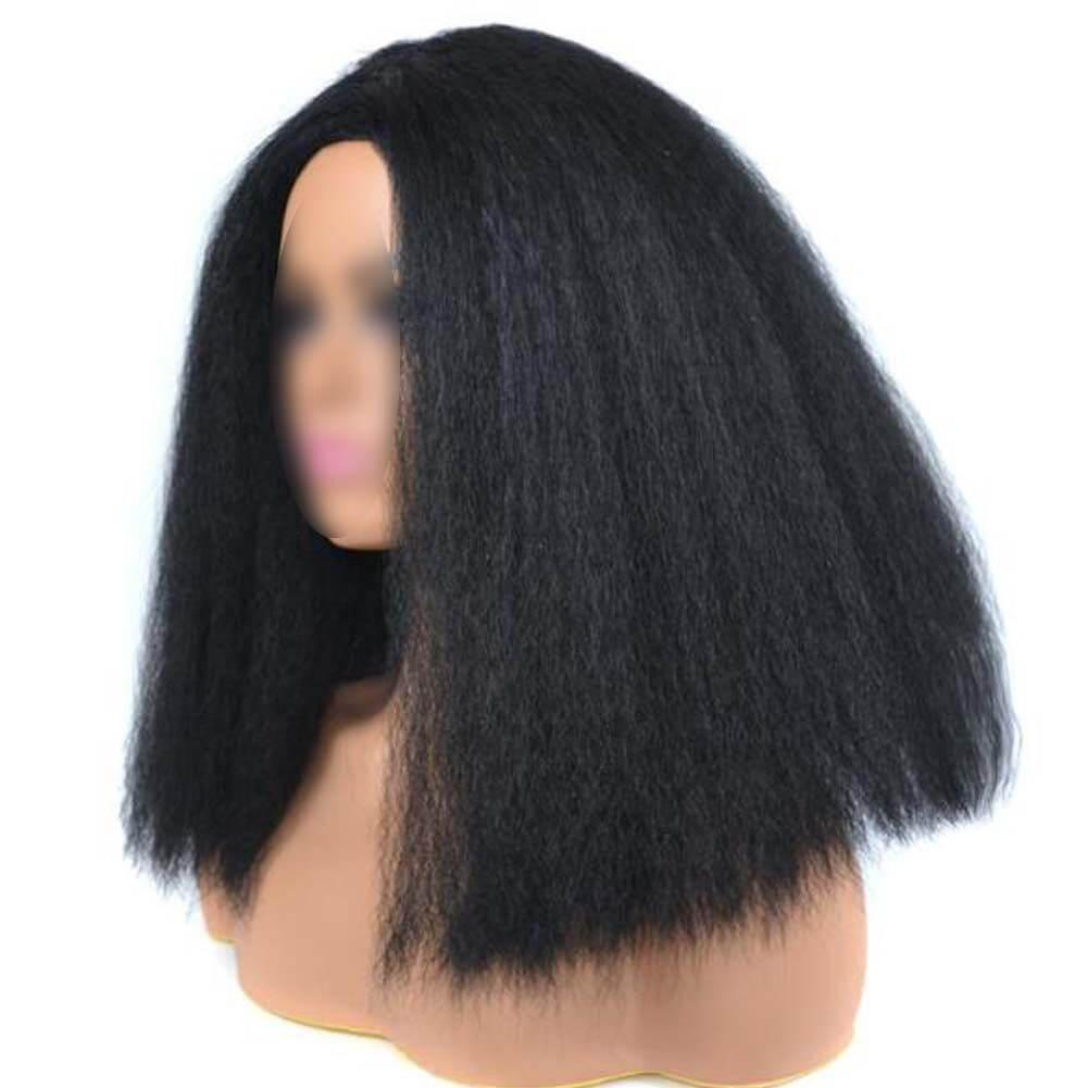 Black Afro Straight Bob Wigs Fluffy Synthetic Hair Yaki Straight Curly Medium Part Bang Full Wigs, 14Inch - Clothes For Her Online Store