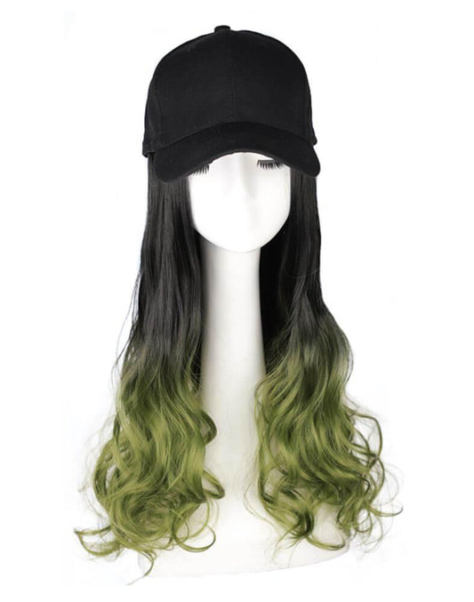 Black Baseball Cap with Green Long Wavy Wig Mixed Color Synthetic Hair Extension Hat Wig Cap - Clothes For Her Online Store