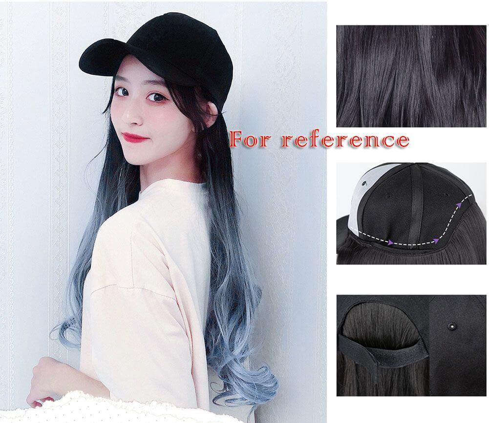 Black Baseball Cap with Green Long Wavy Wig Mixed Color Synthetic Hair Extension Hat Wig Cap - Clothes For Her Online Store