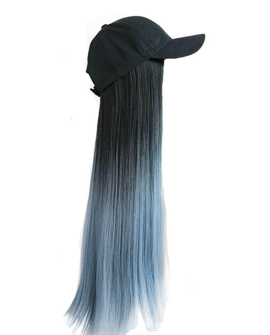 Black Baseball Cap with Grey Blue Long Straight Wig Mixed Color Synthetic Hair Extension Hat Wig Cap - Clothes For Her Online Store